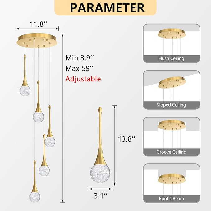 cenzoz 5-Lights Modern Pendant Lights for Kitchen Island LED Dimmable Chandelier Crystal Glam Ceiling Pendant Lighting for Dining Room Hallway Bedroom Lamp Antique Gold