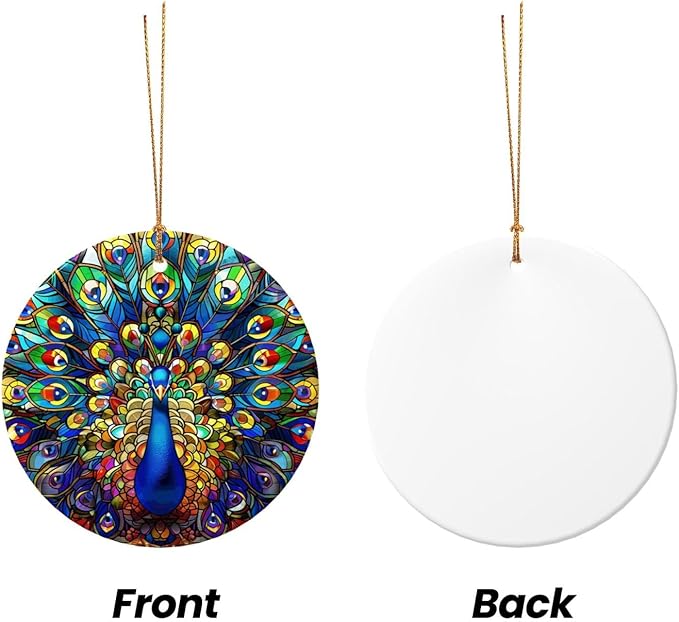Colorful Peacock Spreading Its Tail Christmas Ornaments, Christmas Decorations Xmas Tree Hanging Ornaments, Round Ceramic Festive Keepsake Gift for Xmas Decorations Holiday Home Decor