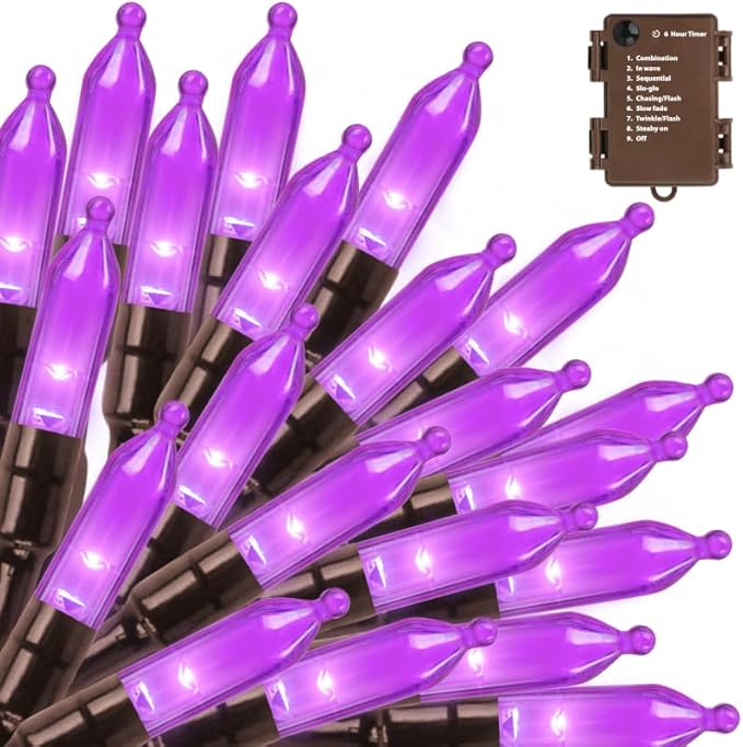 Purple Halloween Lights Battery Operated,6PK18Ft 50 LED Mini String with Timer 8 Modes Twinkle Light Outdoor Waterproof for Tree Garland Decor