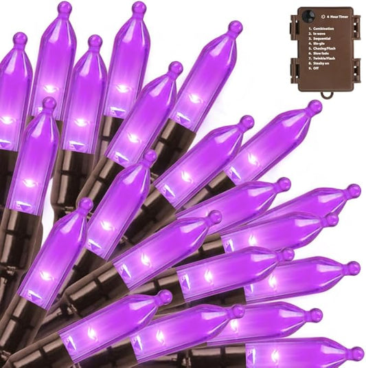 Purple Halloween Lights Battery Operated,6PK18Ft 50 LED Mini String with Timer 8 Modes Twinkle Light Outdoor Waterproof for Tree Garland Decor