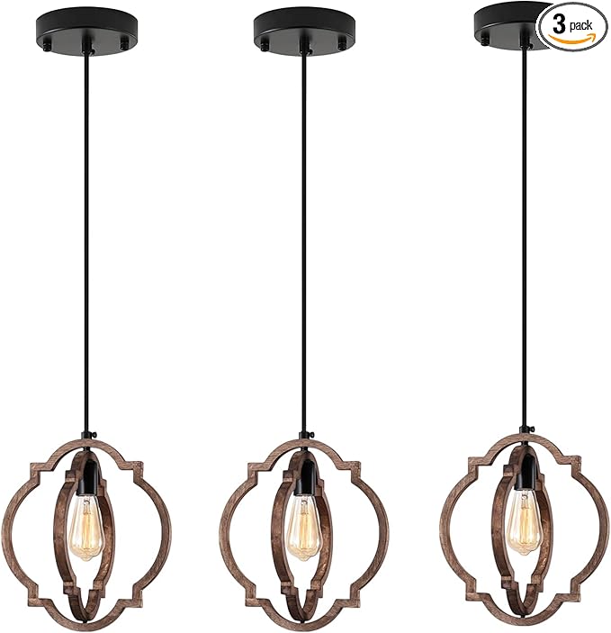 MWZ 3 Pack Farmhouse Pendant Lights Kitchen Island,Rustic 1-Light Small Distressed Wood Chandelier Light Fixture for Dining Room,Adjustable Hanging Light Fixture for Living Room Bedroom Foyer
