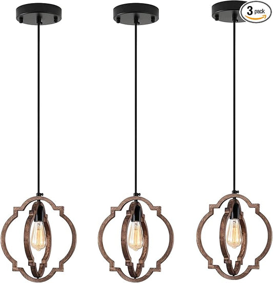 MWZ 3 Pack Farmhouse Pendant Lights Kitchen Island,Rustic 1-Light Small Distressed Wood Chandelier Light Fixture for Dining Room,Adjustable Hanging Light Fixture for Living Room Bedroom Foyer