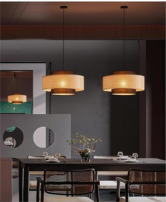 LIGHTLAND Rattan Farmhouse Pendant Light Fixture, Hand Woven Dining Room Pendant Light with Fabric Shade, Rustic Pendant Hanging Light Fixture for Kitchen Island Rattan Pendant Lighting 20''