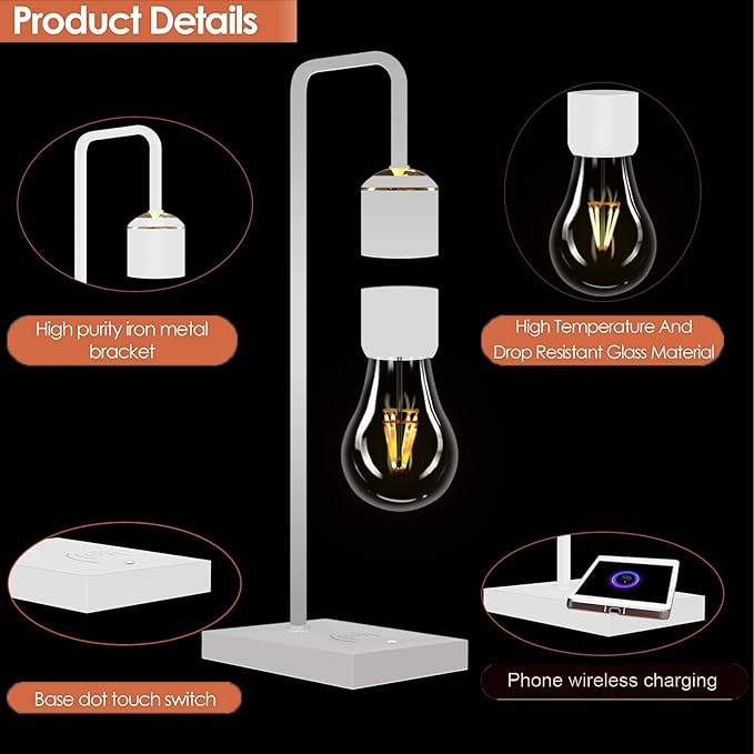 Magnetic Levitating Lamp with Wireless Charging Pad Levitating Bulb Lamp Levitation Light Bulb Floating Table Lamp Night Light for Bedrooms Desk Toys Office Decoration Christmas Gifts