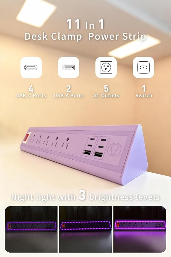 Desk Clamp Power Strip with Nightlight, 40W Fast Charging, 6FT Extension Cord, 4x20W USB-C & 2 USB Ports, 5 AC Outlets, Fits 1.69-Inch Table Edges