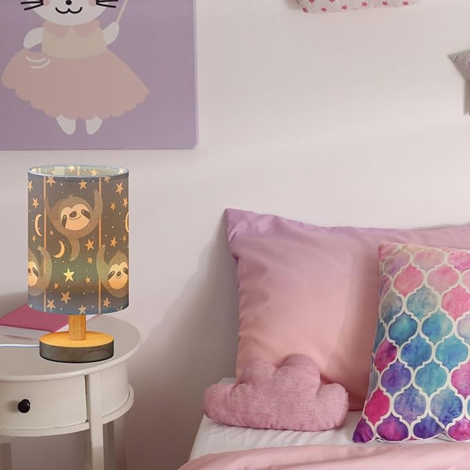 Cute Sloth Picking Stars Navy Blue Bedside Table Lamps with USB Port for Bedroom Lamp Accent Table Lamp Small Nightstand Lamp Sturdy Linen Shade Wooden Decorative Lamps for Kids|Reading|Dorm|Home