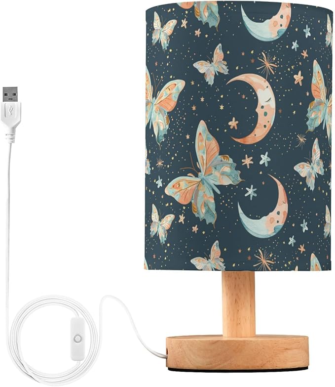 Watercolor Colorful Butterflies and Moon Stars Bedside Table Lamps with USB Port for Bedroom Lamp Accent Table Lamp Small Nightstand Lamp Linen Shade Wooden Decorative Lamps for Home|Kids|Dome