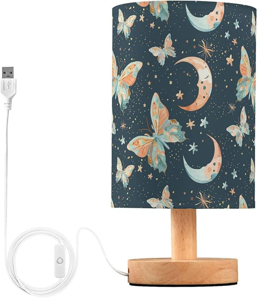 Watercolor Colorful Butterflies and Moon Stars Bedside Table Lamps with USB Port for Bedroom Lamp Accent Table Lamp Small Nightstand Lamp Linen Shade Wooden Decorative Lamps for Home|Kids|Dome