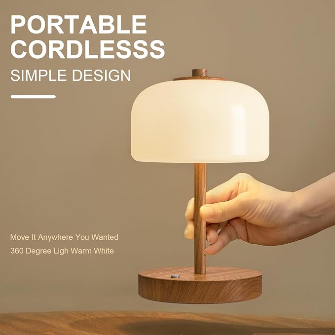 Oneach 9" Cordless Table Lamp, Wood Grain Rechargeable Battery Operated Lamp, 3-Way Stepless Dimming Touch Lamps, Small Glass Bedside Nightstand Light for Bedroom Dining Table Living Room Shelf Decor