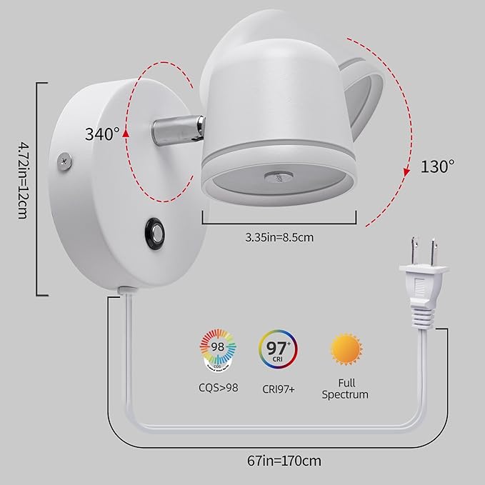 Aisilan Plug in Wall Sconce, Touch Dimmable Wall Light with 3 Color Temperatures, Adjustable 7W LED Sconce CRI97, Modern White Aluminum Plug in Wall Lamp for Bedroom Bedside Reading