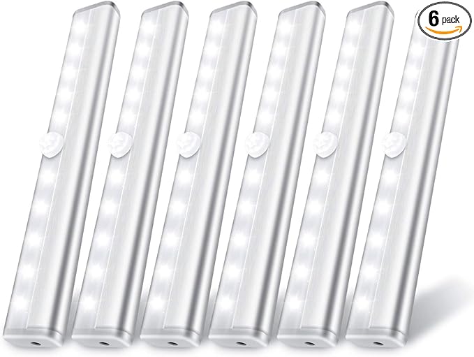 6 Pack LED Motion Sensor Lights, 10 LED Closet Battery Operated Lights, Stick-On Anywhere Magnetic Night Light Bar, Led Safe Light Indoor for Closet Stairs Wardrobe Under Cabinet