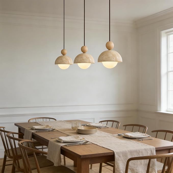 Wabi Sabi Travertine Pendant Light, 7.1 inch Natural Stone & Wood Hanging Lamp for Kitchen Island, Hallway, Bedroom, Dining Room Ceiling Decor (G9 Bulb, Stone Round, 1pcs)