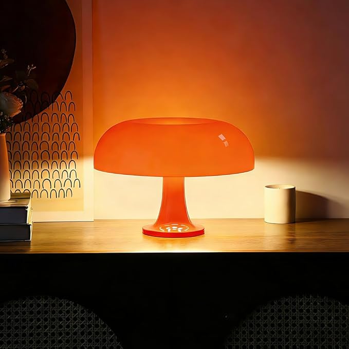 Retro Orange Mushroom Lamp for Bedroom Nightstand Mid Century Modern Table Lamp Decor Aesthetic Lighting Dimmable Mushroom Shaped Donut Bedside Lamp with 3 Lighting Modes, Minimalist Home Decor