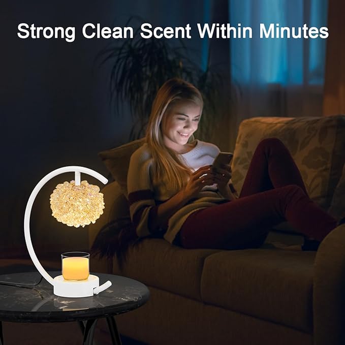 White Candle Warmer Lamp for Jar Candles with Adjustable Brightness＆Timer，Handcrafted Crystal＆Wooden Base,Candle Lamp Luxurious Design+2Bulbs,Home Decoration Electric Candle lamp(C-Shaped)