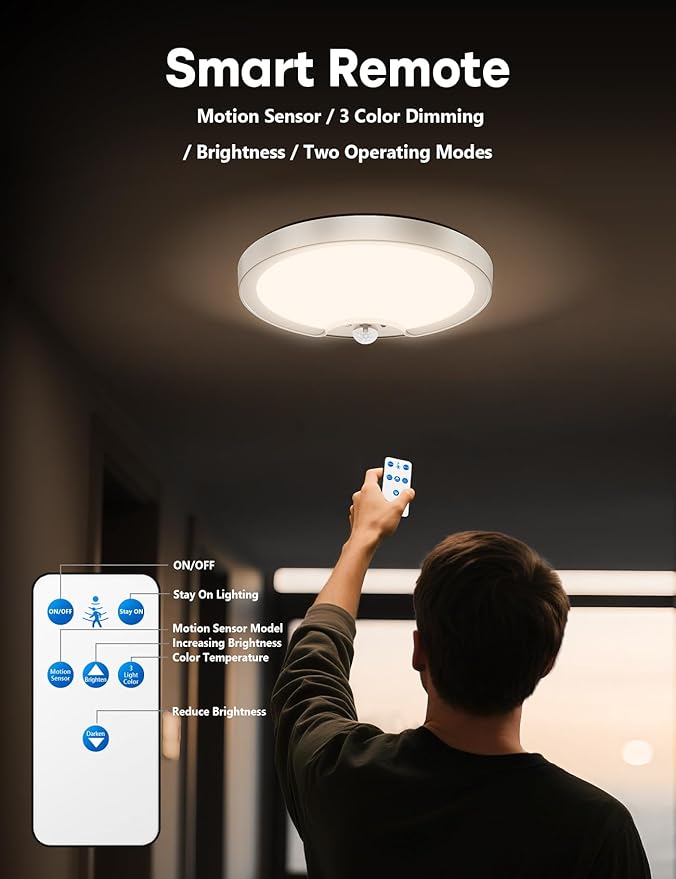 Rechargeable Motion Sensor Ceiling Light - Battery Operated Wireless LED Ceiling Shower Lights Indoor Night Lighting for Bathroom, Laundry Room, Hallway, Closets