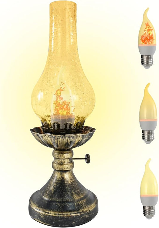 Vintage Table Lamp - 3 Modes Dimmable Retro Rustic Desk Lamp with Crackle Glass Shade, Antique Victorian Style, E26 Bulb Included, Ideal for Bedroom, Living Room, Home Decor (Yellow-Gold)