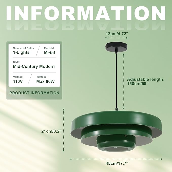 Large Green Pendant Light, 3-Layer Metal Mid Century Modern Chandelier, Vintage Farmhouse Hardwired Ceiling Fixture for Dining Room and Living Room