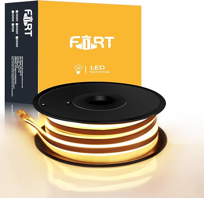 FORT LED Neon Rope Lights Warmwhite 100FT 30M Flexible AC 110V 120V LED Strip Lights Outdoor Waterproof Plug-Play Strip Lighting Dot Free Connectable Home Commercial Decor Neon Sign ETL FCC