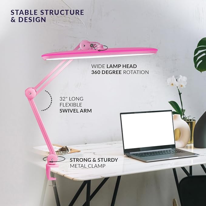 Neatfi XL LED Desk Lamp with Clamp – 2,200 Lumens, 23” Wide, Dimmable Task Light for Office, Study, Crafting & Nail Techs (Non-CCT with Clamp, Pink)