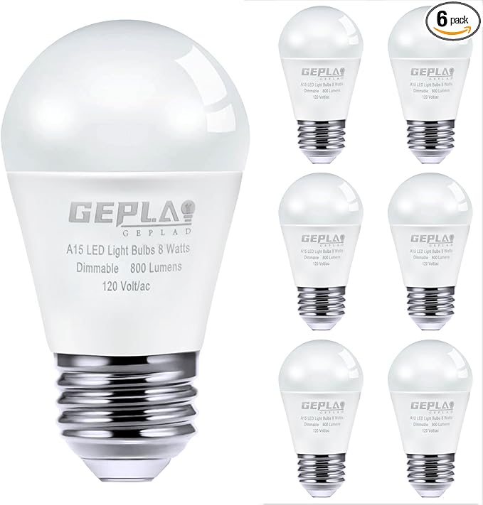 GEPLAD 6-Pack A15 Dimmable LED Light Bulbs, 5000K Daylight White, 800 Lumens, E26 Base, G45 Shape - Perfect for Refrigerator, Pendant Lights & Home Appliances, Energy Saving(60W Equivalent)