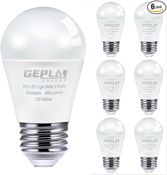 GEPLAD 6-Pack A15 Dimmable LED Light Bulbs, 5000K Daylight White, 800 Lumens, E26 Base, G45 Shape - Perfect for Refrigerator, Pendant Lights & Home Appliances, Energy Saving(60W Equivalent)