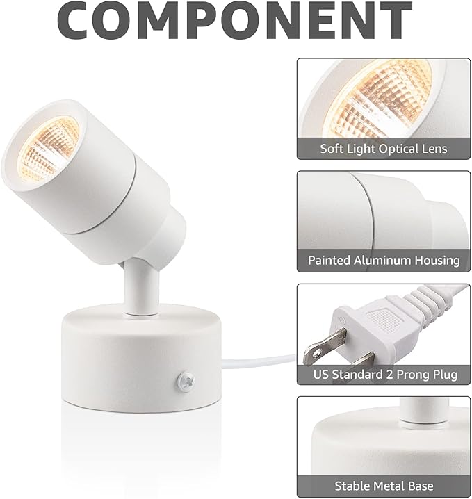 SUNVIE 2 Pack LED Up Lights Indoor, 3W Spot Lights for Indoor Use with 3000K Warm White, 120V Spotlights for Plants Pictures Artwork Uplighting & Accent Lighting, 5.9 FT Plug Cord with Foot Switch