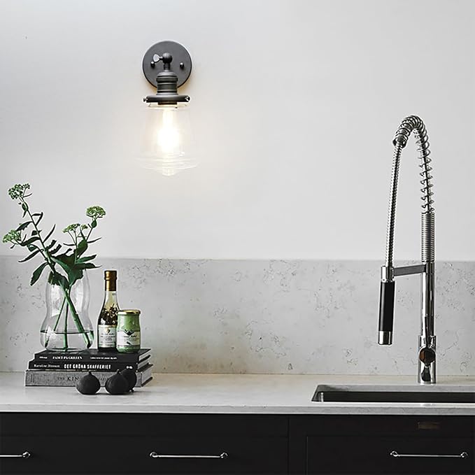 Phansthy Wall Sconces Light Fixture Industrial Wall Lamp, 180 Degree Adjustable Bathroom Vanity Light, Wall Light with Glass Shade Wall Decorative Lighting for Kitchen Living Room Hallway (Black)