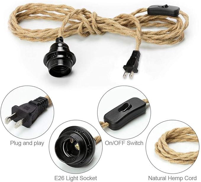 Industrial 15ft Pendant Light Cord -Plug in Hanging Light Fixture, 15FT Farmhouse Pendant Lamp Lights Cord with Switch Cord for Kitchen Island Bedroom Living Room