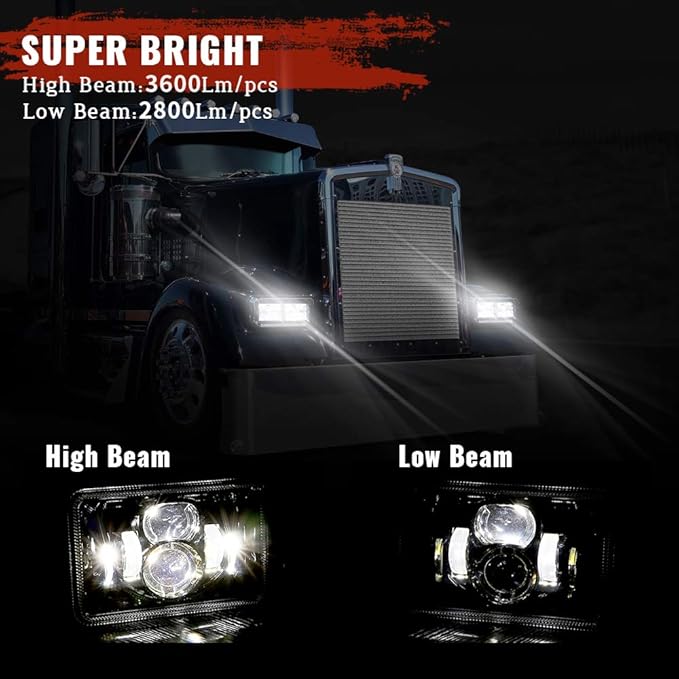 BICYACO 4 PCS DOT 4x6 Inch LED Headlights Rectangular Replacement H4651 H4652 H4656 H4666 H6545 Compatible with Peterbilt Kenworth Freightliner Ford Probe Oldsmobile Cutlass