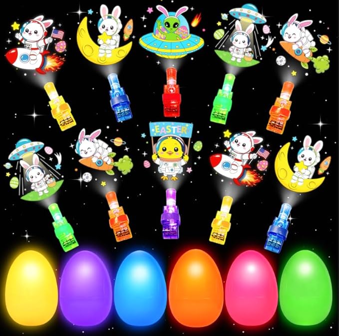 24 Pack Easter Eggs Fillers, Animal Astronaut Easter Finger Light for Kids, Glow in the Dark Easter Eggs Bulk Hunt Toy Prizes, Basket Stuffers Party Favor for Kids Boys Girls