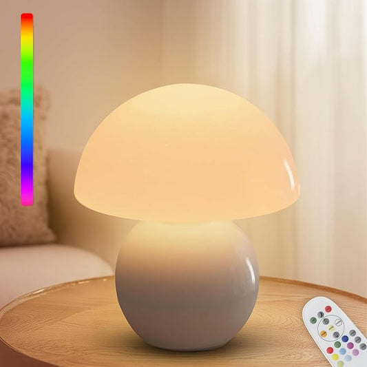 Cordless Cute Mushroom Lamp with Remote Control, 9 RGB, Cordless Lamps for Tables, 3 Color Temperature, Stepless Dimmable, Timer, Memory, Unique Aesthetic Home Decor for Living Room (White)