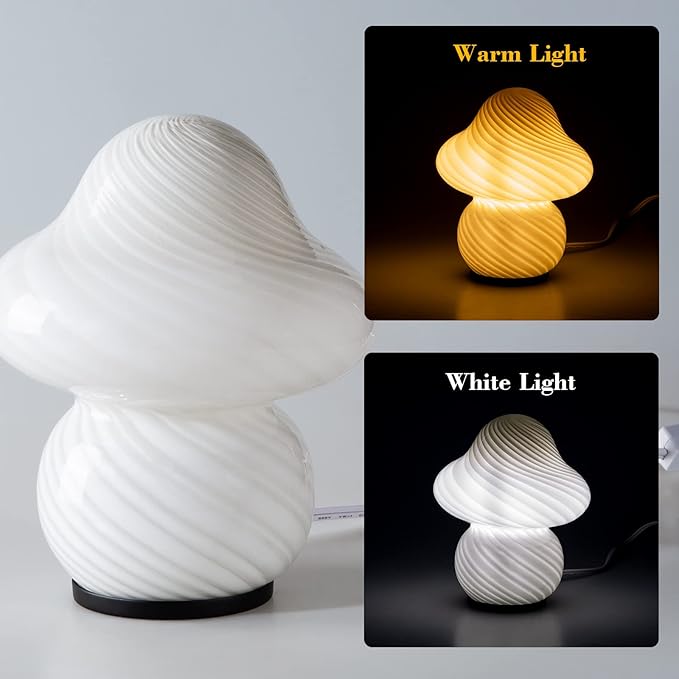 COOSA Mushroom Lamp, Glass Bedside Table Lamp, Night Lamps, Cute Small Nightstand Desk lamp for Home Decor, Study, Living, Bedroom, Gift，Bulb Included