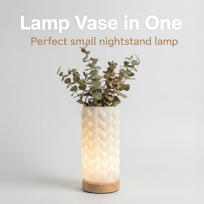 3D Printed Mini Lamp, Small Bedside Lamp with 3-Color Dimmable LED, Small Nightstand Lamp for Tight Spaces, Beautiful Lamp with Wooden Base - Honeycomb
