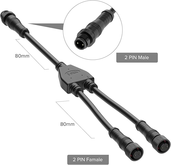 BTF-LIGHTING 2 Core 2 Pin Small Size IP68 Y Shape 1 Male-Divided-2 Female Splitter Connector Black Plastic 18AWG 15mm Metal Metal Nut Support All 2 Pin Small Size IP68 Connector