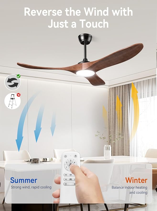 Ceiling Fans with Lights and Remote, 3 Solid Wood Blades, Outdoor Wooden Ceiling Fan with 2 Downrods for Patios, 52 Inch Modern Ceiling Fan with Noiseless Reversible DC Motor