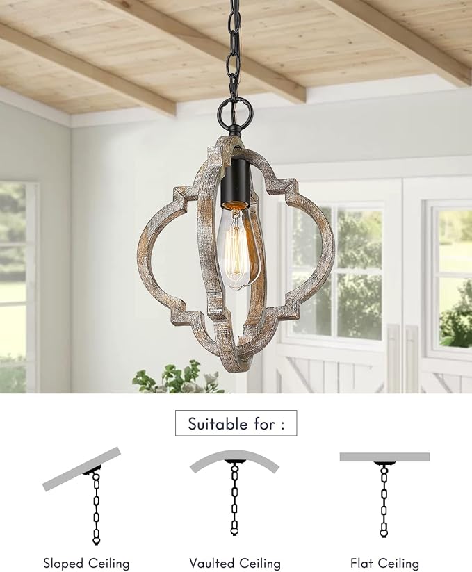 CALDION Farmhouse Pendant Lights, 2Pack Wood Dining Room Lighting Fixtures, Adjustable Height Hanging Pendant Lights for Foyer, Kitchen Island, Entryway