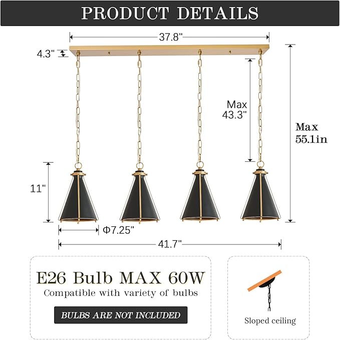 Black Gold Kitchen Island Light 4-Light Pendant Light Fixture Cone Shade 42" Rectangle Chandelier Light Fixture for Dining Room Bar Counter
