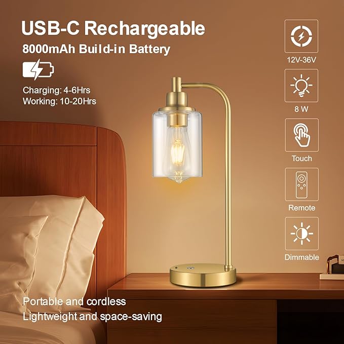 2 Pack Cordless Table Lamp Rechargeable Gold, 8000mAh Battery Operated Table Lamps with Remote Control, Touch Dimmable Bedside Lamps with Glass Shade, Portable Wireless Lamp for Bedroom, Living Room