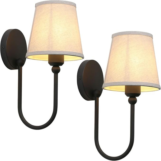 Pathson Antique Linen Fabric Wall Sconces Set of 2, Hardwired Curved Arm Bathroom Vanity Light, Indoor Wall Decor Lamp for Living Room, Kitchen, Bedroom, Foyer