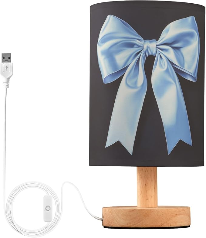 Light Blue Bow Ribbon Table Lamp with Wood Base Fabric Lamp Shade Bedside Nightstand Desk Lamp for Living Room Bedroom Kids Room Office
