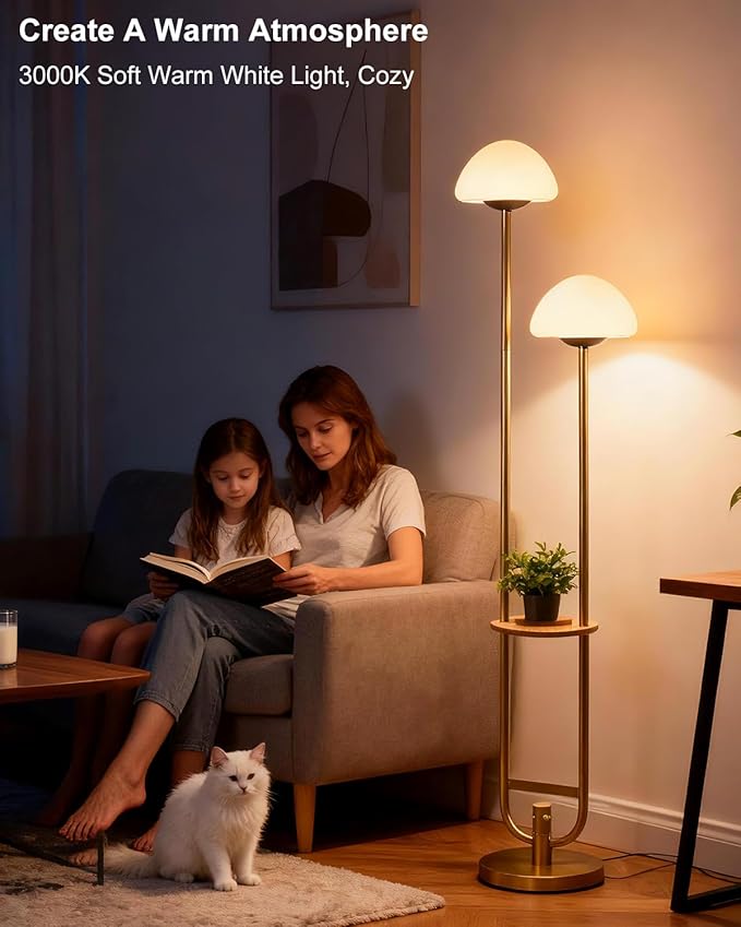 Lightdot 63IN Gold Dimmable Floor Lamp with Table& Mushroom Shades, Modern Mid Century Standing Lamps with Bulbs Included, Unique Vintage Tall Floor Lamp for Living Room/Sofa Beside/Corner Decor