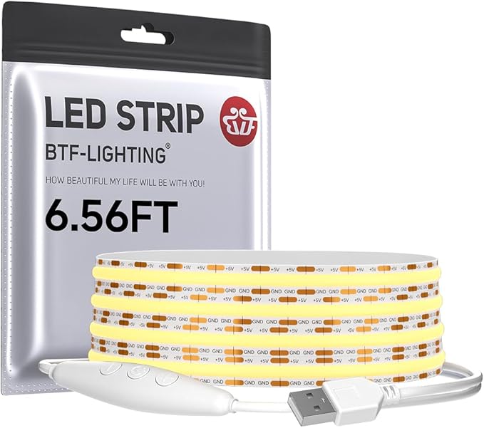 BTF-LIGHTING FCOB COB FOB LED Strip Lights 5V USB Powered 6.56FT 640LEDs Natural White 4000K 8mm Width Dimmable CRI 90+ with 3M Tape Flexible High Density for 3D Printer TV Backlight PC DIY Decor
