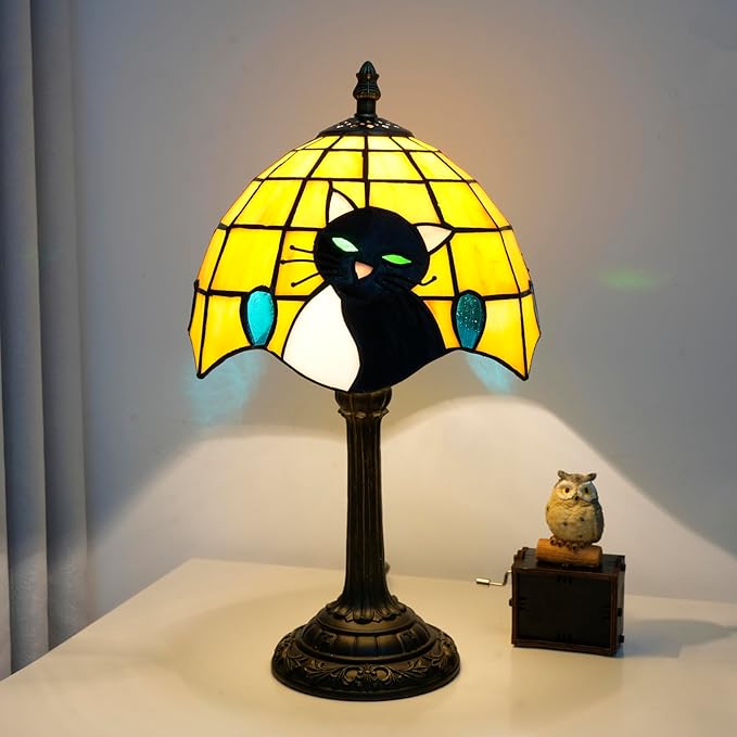 Small Tiffany Lamp Stained Glass Table Lamp Elegant Cute Retro Vintage Style White Black Cat Bedside Night Lamp For Nightstand Bedroom Home Decor Kitchen Counter Antique Living Room Office Fun Lamps