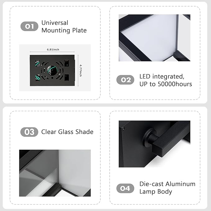 Modern Motion Sensor Outdoor Wall Light Sconce with Glass, 850LM LED, IP65 Waterproof Aluminum Lantern - Anti-Rust Exterior Lighting for Porch, Garage, Front Door, Patio,Black