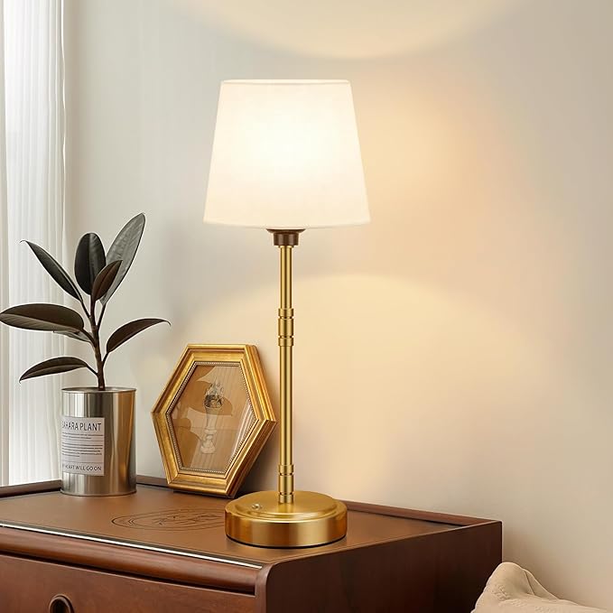 Cordless Table Lamps Set of 2 – Battery Operated Lamp with 7500mAh Rechargeable Battery, Stepless Dimmable Vintage Brushed Gold Desk Wireless Lamps for Dining Room, Nightstand & Patio (Bulbs Included)