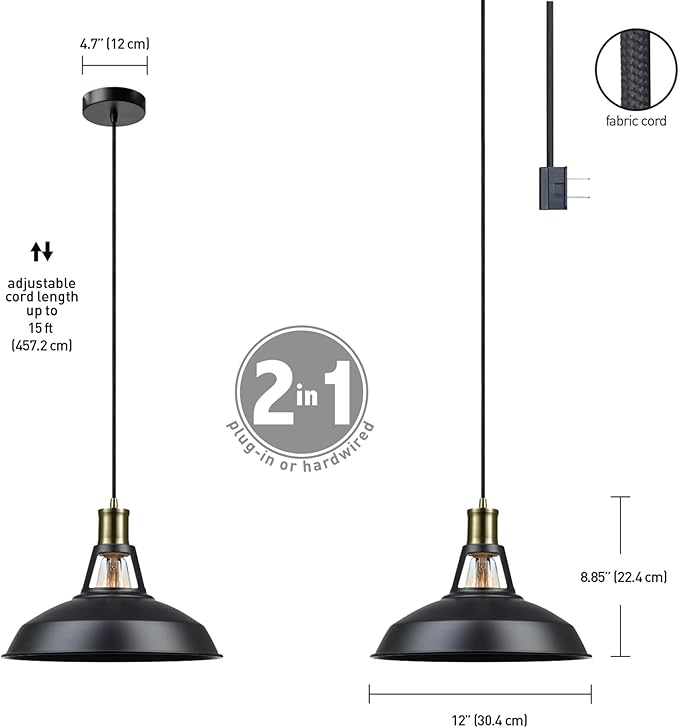 GLOBE Electric 65712 Robin 1-Light Plug-in or Hardwire Pendant, Satin Black, Antique Brass Accents, 15ft Black Woven Fabric Cord, in-Line On/Off Rocker Switch