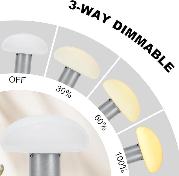 Mushroom Lamp, Retro Table Lamp with Touch Control Switch, 3 Way Dimmable Nightstand Lamp for Bedroom and Living Room, 6W LED Bulb Included (Silver)