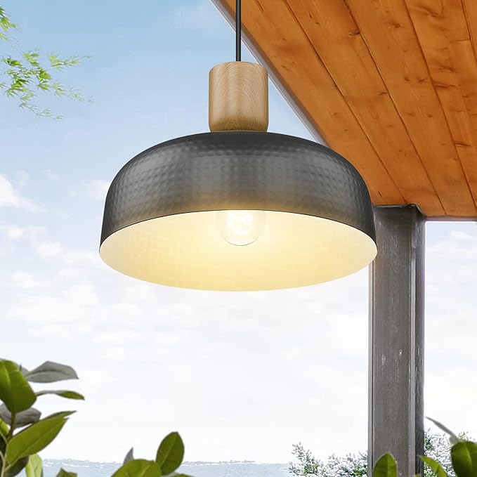 Darkaway Dusk to Dawn Industrial Pendant Light Fixtures Ceiling Hanging with Hammered Metal Shade, 2pcs Black Pendant Light for Outdoor Porch Lighting Hanging Lamp Adjustable Height
