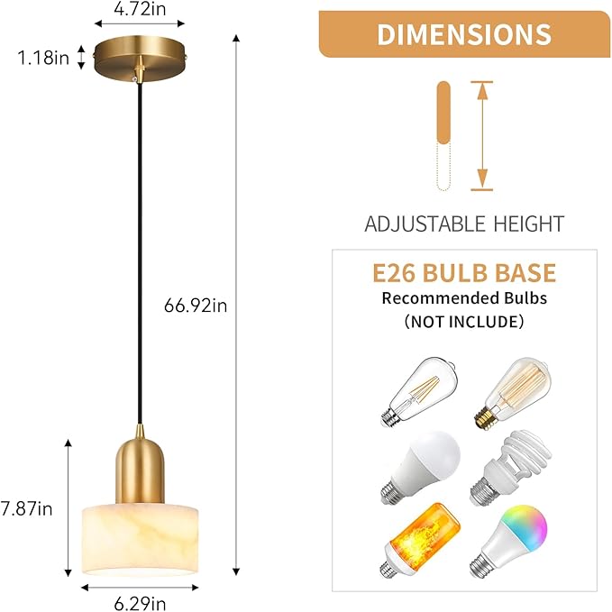 Natural Stone Pendant Lights Kitchen Island, White Pendant Light Fixtures, Pendant lamp Marble Cylinder Shade Copper, for Bedroom Bathroom Dining Room Living Room(1-Pack)