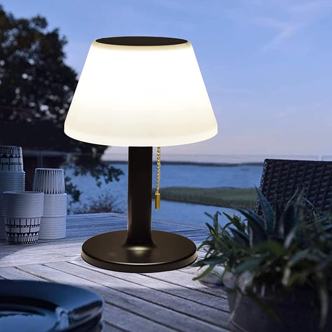 shumi Solar Table Lamp Outdoor Indoor - 3 Lighting Modes, Eye-Caring LED Cordless Waterproof Solar Desk Lamp with Pull Chain for Outside Patio Garden Bedroom Living Room (Modern Black Decor)